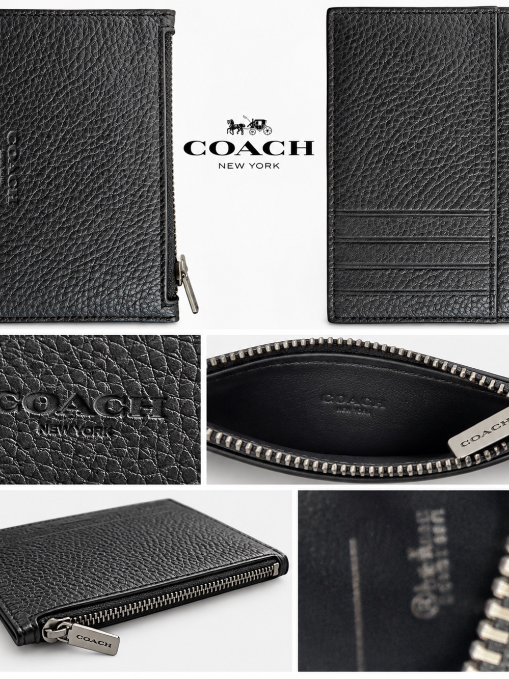 Coach Black Pebbled Leather Zip Card Case Wallet Slim Credit Card Holder